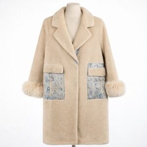 Shearling Wool Fox Fur Coat Jacket Size M Tan Button Pockets Cottagecore Long